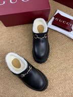 Gucci FW 25 Horsebit Suede Clog Black Leather with Shearling 506443