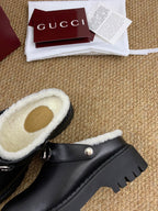 Gucci FW 25 Horsebit Suede Clog Black Leather with Shearling 506443