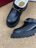 Gucci FW 25 Horsebit Suede Clog Black Leather with Shearling 506443