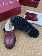 Gucci FW 25 Horsebit Suede Clog Deep Burgundy Leather with Shearling 506442