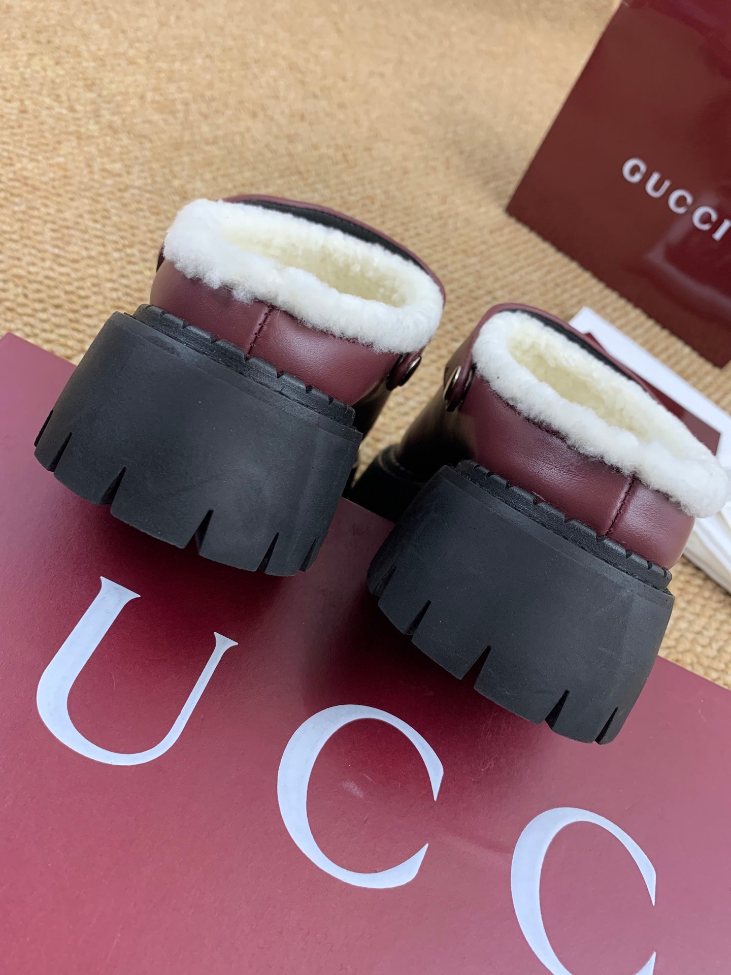 Gucci FW 25 Horsebit Suede Clog Deep Burgundy Leather with Shearling 506442