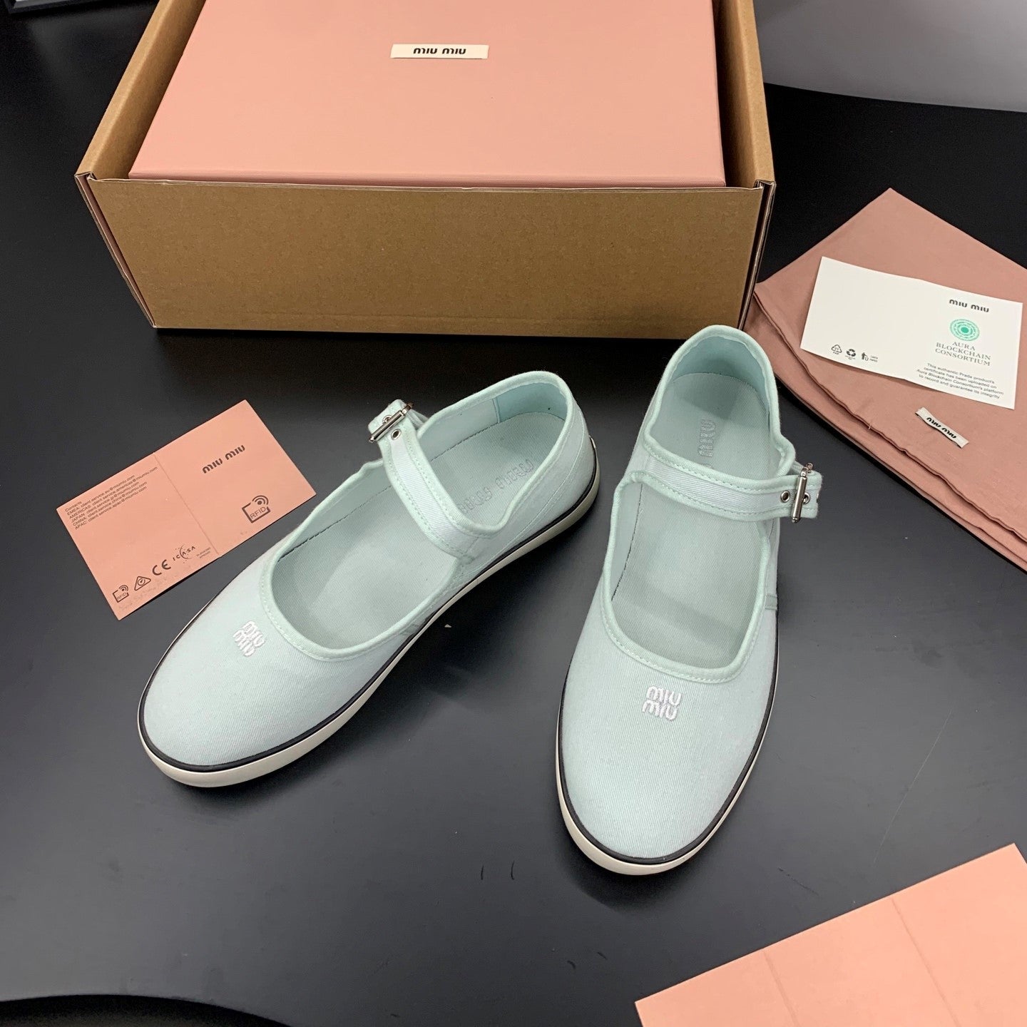 Miu 26s Drill Ballerinas Light Blue Canvas 688281