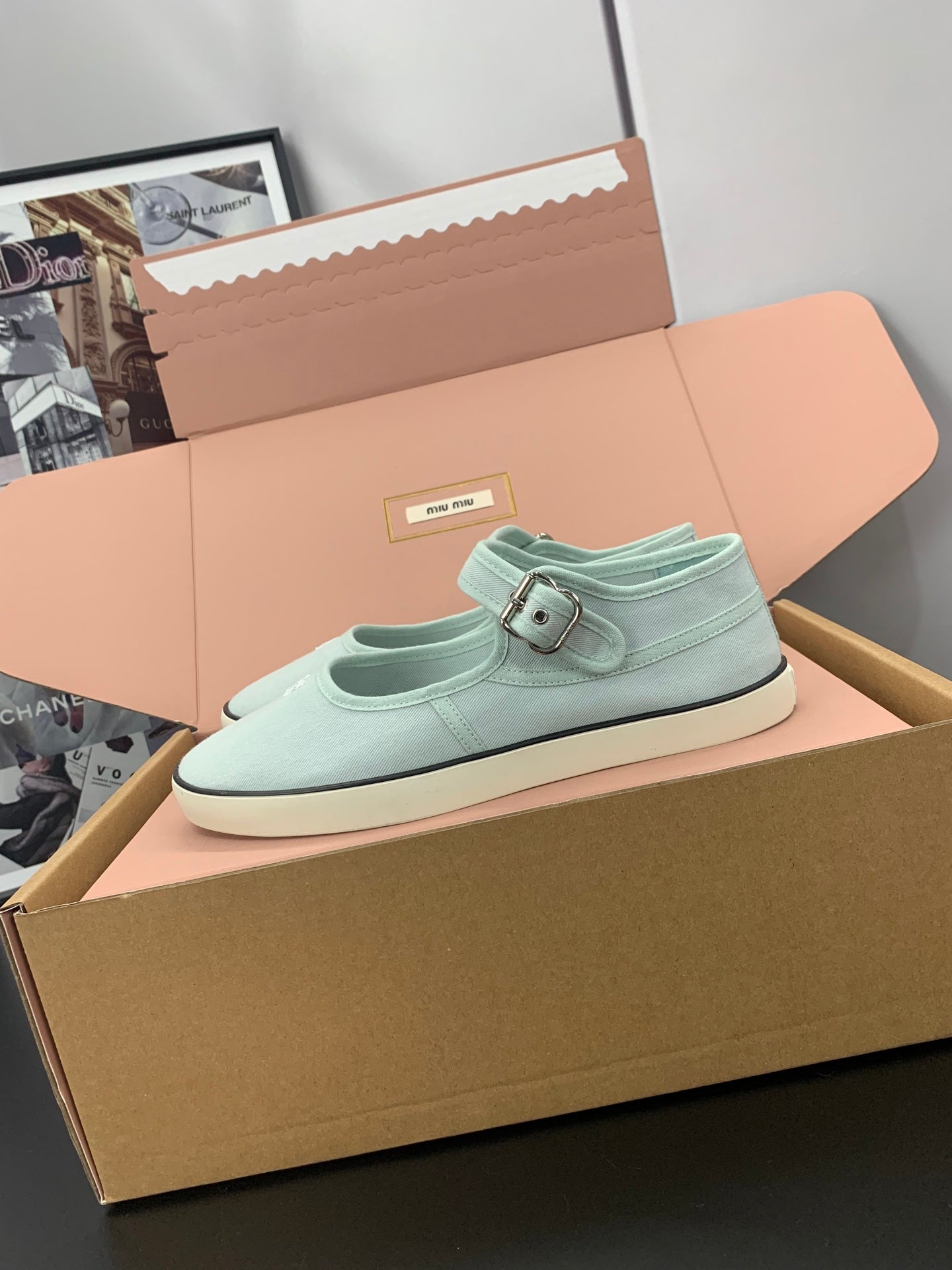Miu 26s Drill Ballerinas Light Blue Canvas 688281