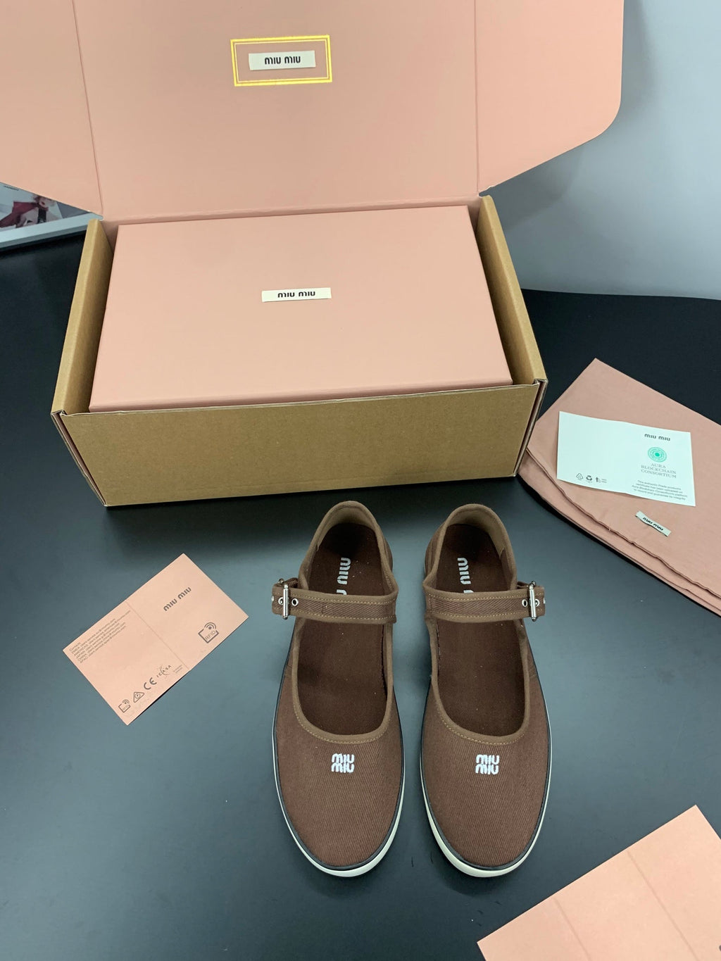 Miu 26s Drill Ballerinas Coffee Canvas 688282