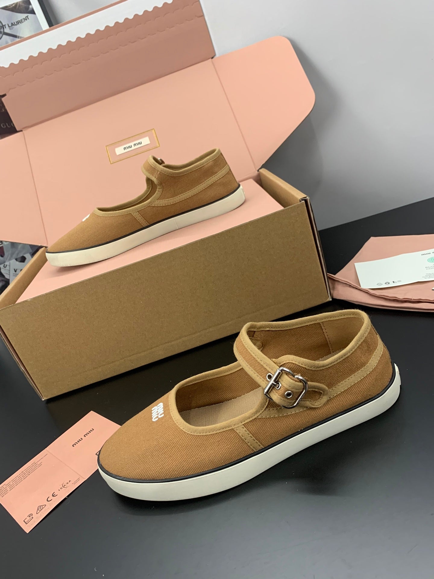 Miu 26s Drill Ballerinas Brown Canvas 688283