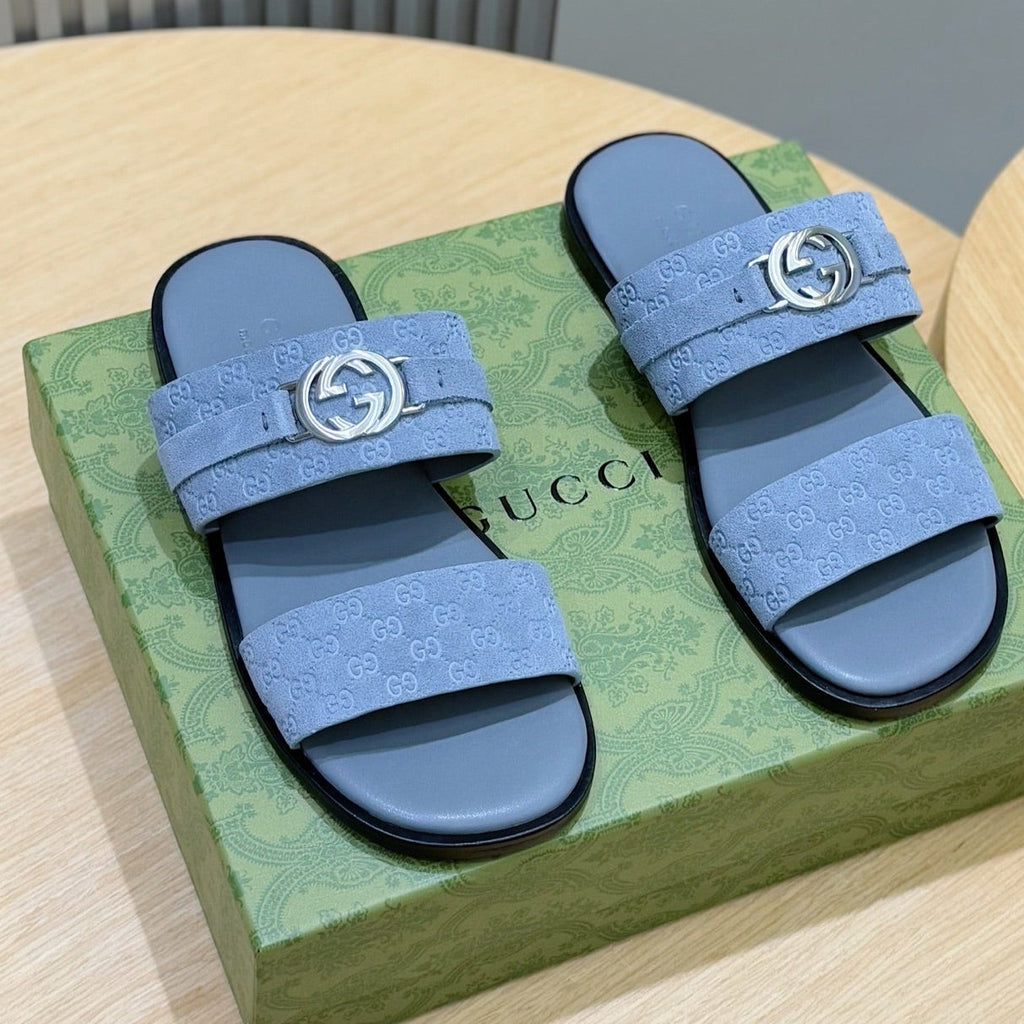 GG Men's Interlocking G Sandals Sky Blue Suede 599983