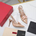 VL Rockstud Bow Slingback Nude Tan Patent Leather Pump 95mm