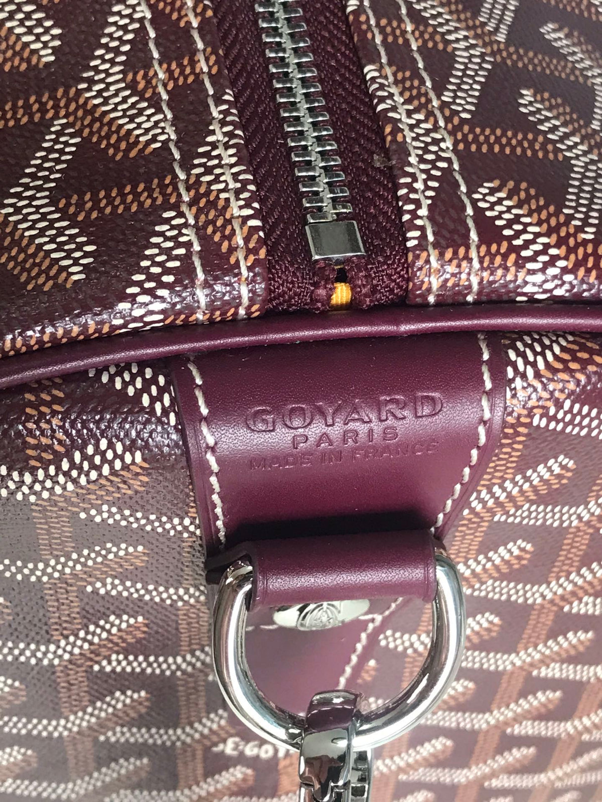 BOSTON 50 BAG IN WINE RED GOYARDINE CANVAS AND CALFSKIN TRIM