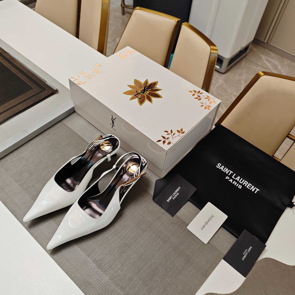 YSL Babylone Slingback 5.5cm White Glossy Leather