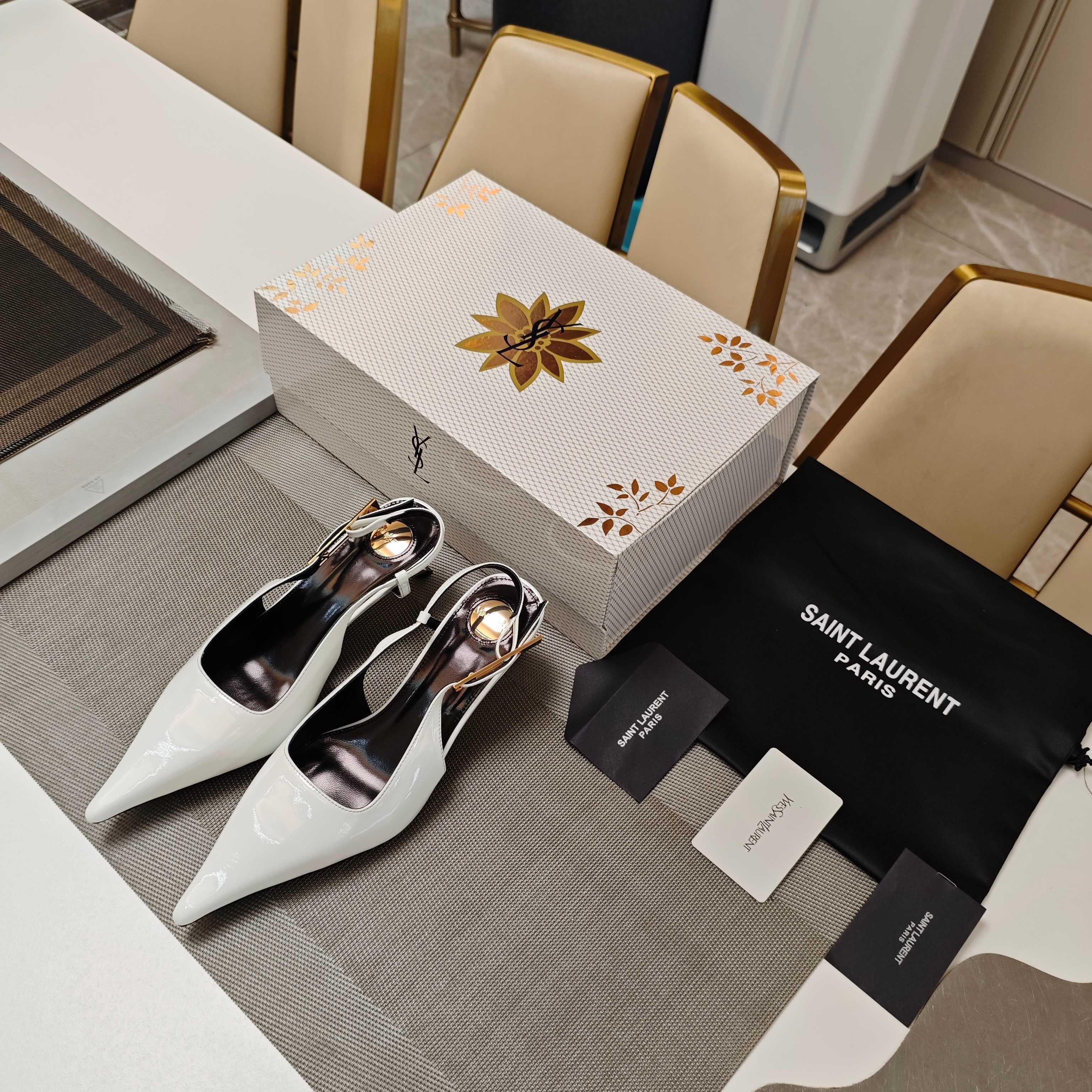 YSL Babylone Slingback 5.5cm White Glossy Leather