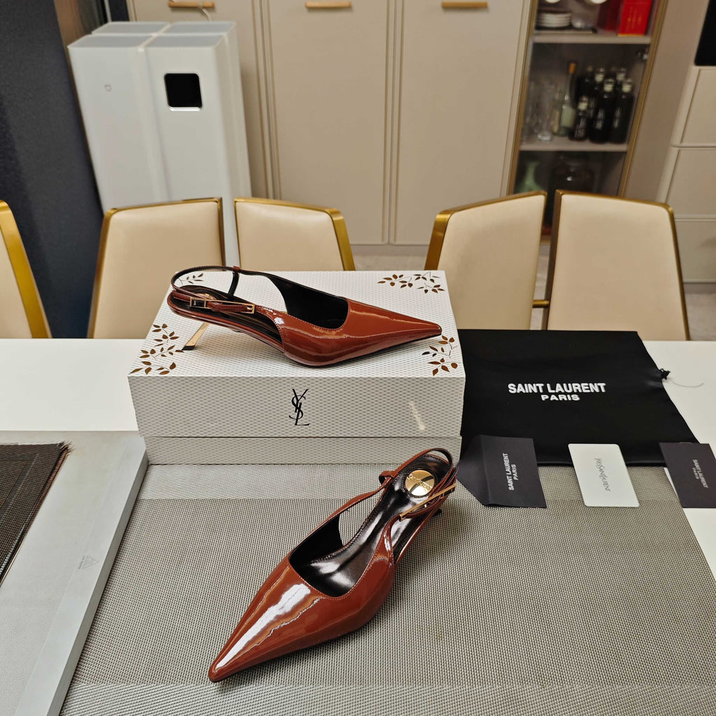 YSL Babylone Slingback 5.5cm Brown Glossy Leather