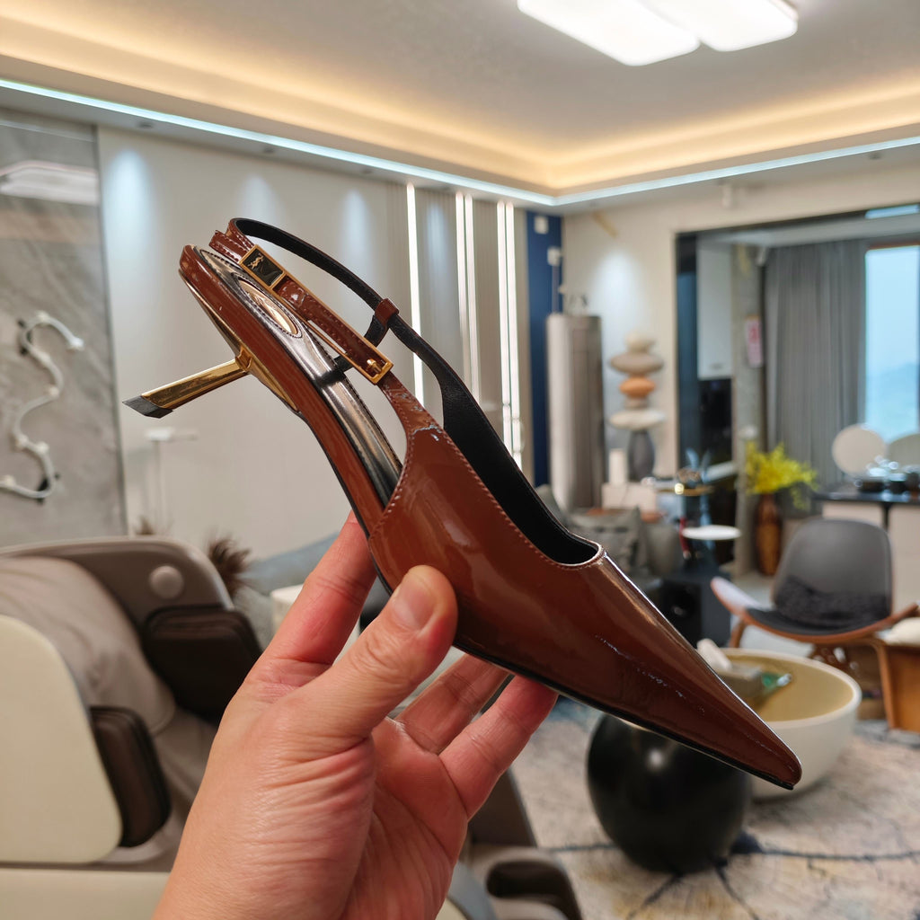 YSL Babylone Slingback 5.5cm Brown Glossy Leather