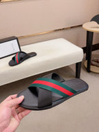 GG Men's Web Slide Black Green Cowhide 554606
