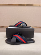 GG Men's Web Slide Black Blue Cowhide 554607