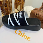 CHLOÉ WOODY WEDGE SANDALS IN BLACK MIX WHITE CANVAS WITH RUBBER SOLE