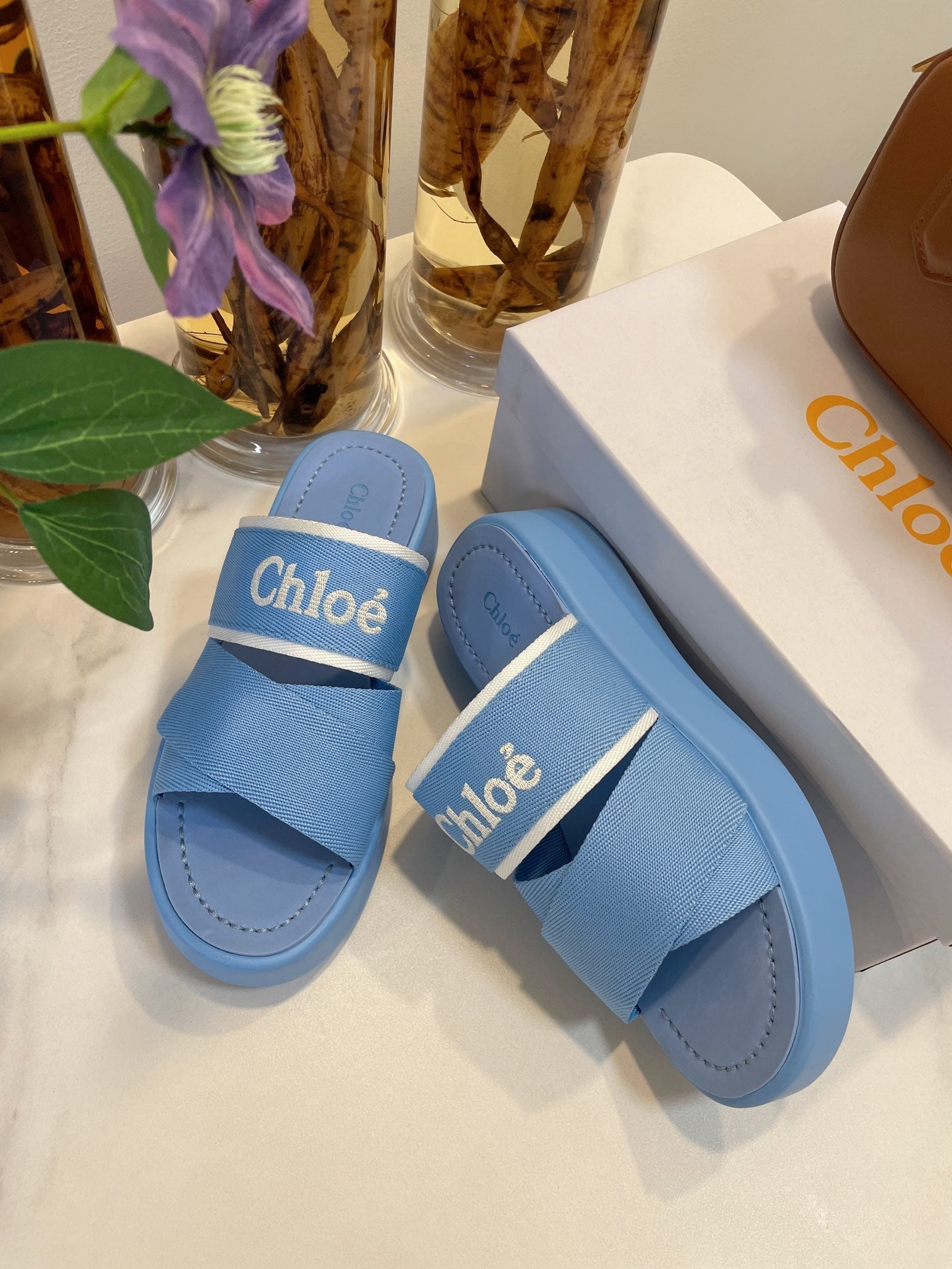 CHLOÉ WOODY WEDGE SANDALS IN CERULEAN BLUE CANVAS WITH RUBBER SOLE
