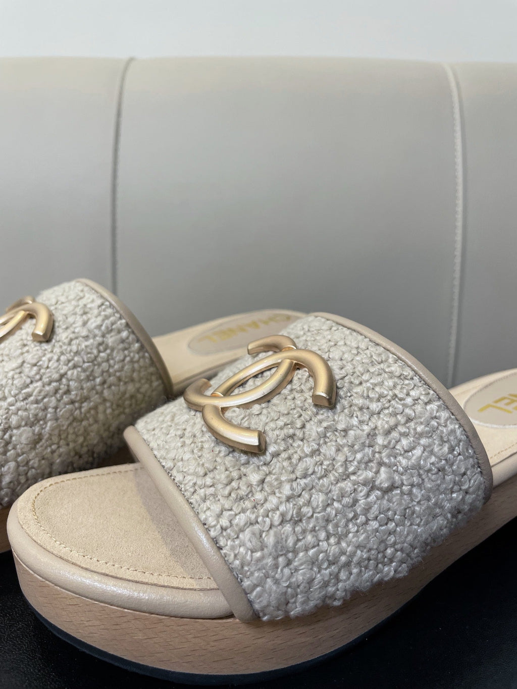 cc mule sandal 45 grey tweed beige calfskin