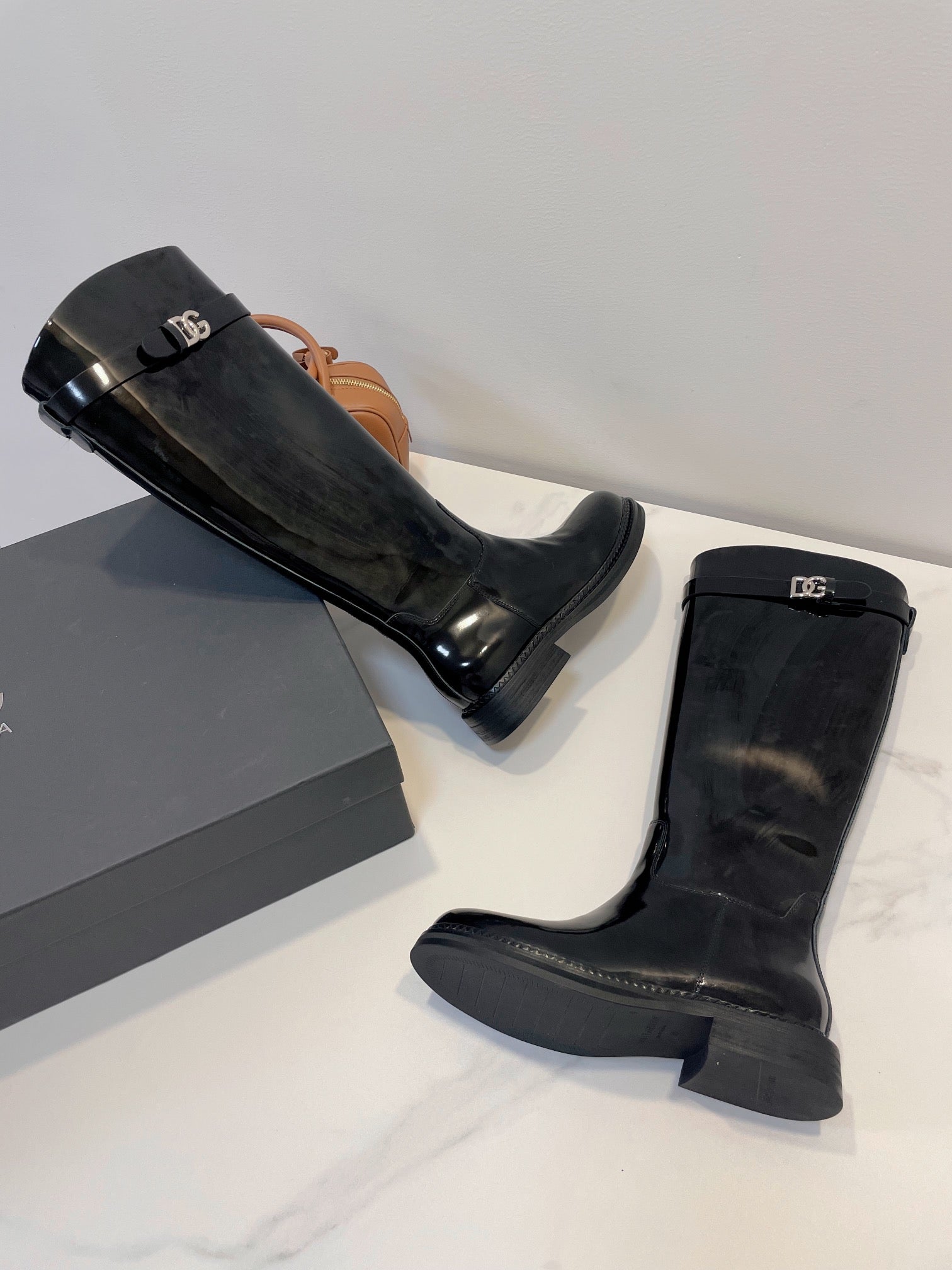 DC 24 Knee-High Boots Black Cowhide Patent & Nubuck 982194