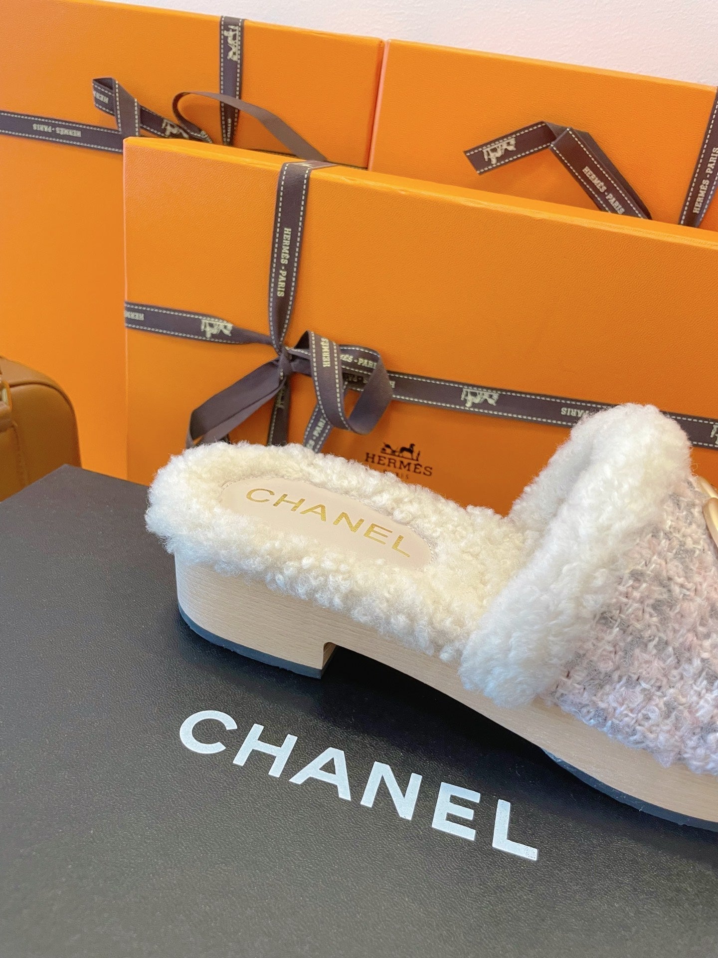 CC 25C Logo Slippers 50mm Multicolor Shearling Wood 423698