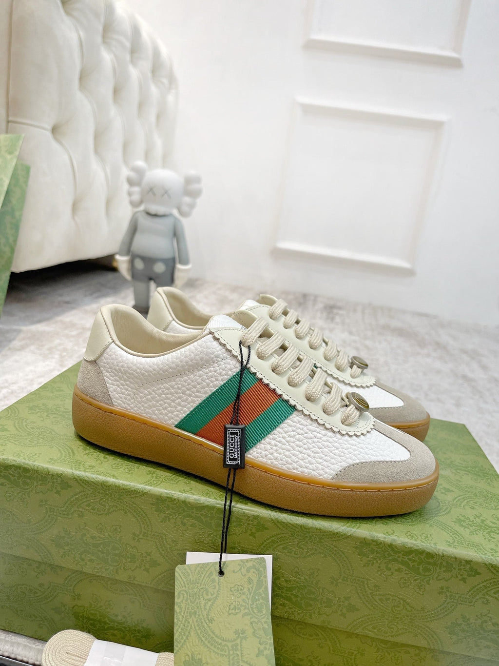 GG Men's Web Sneaker White Cowhide Suede