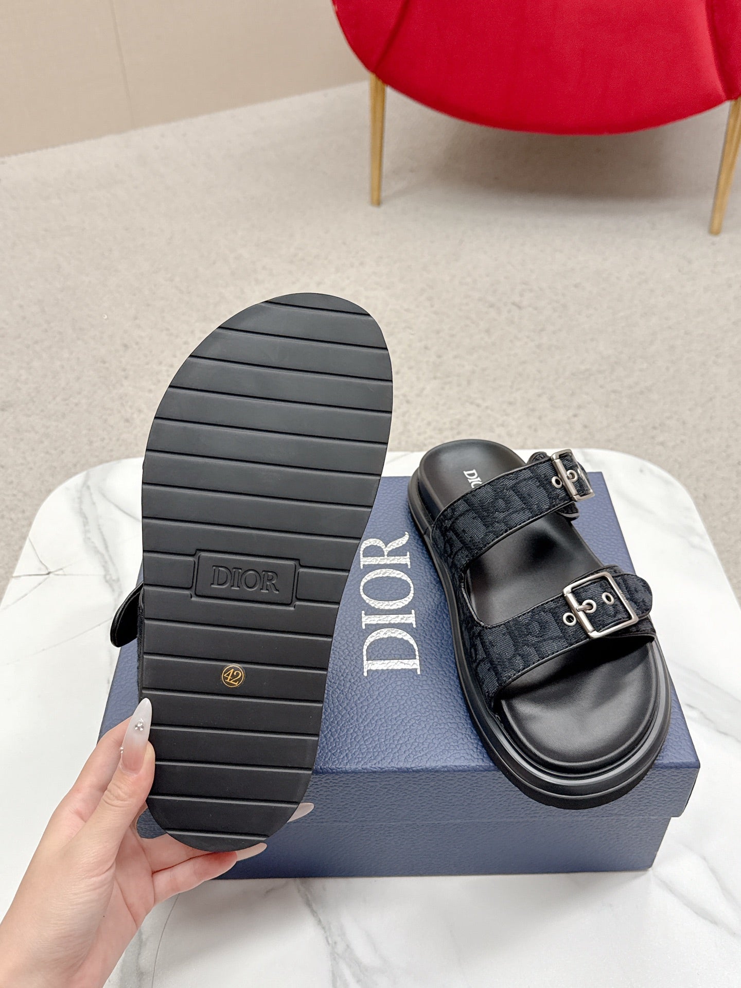 CD Aqua Sandals with Straps Blue Black Oblique Jacquard Frabic 476660
