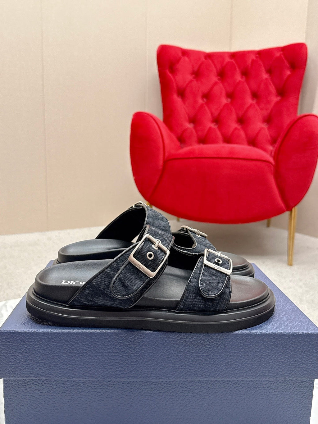 CD Aqua Sandals with Straps Blue Black Oblique Jacquard Frabic 476660