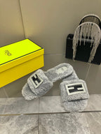 FENDI BAGUETTE SLIDE SLIPPERS IN GREY WOOL