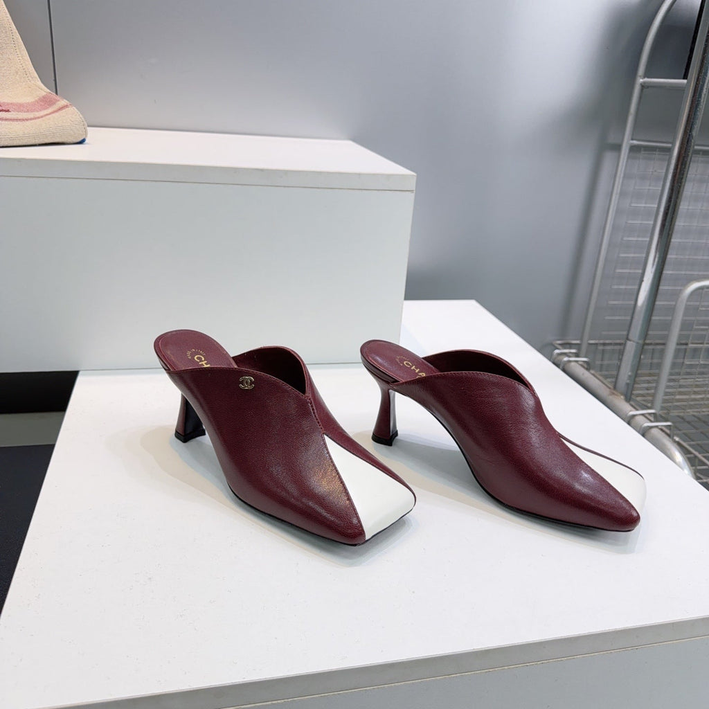 CC Fall 2026 Square Toe High-Heeled Sandals 7cm Burgundy White Sheepskin