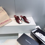CC Fall 2026 Square Toe High-Heeled Sandals 7cm Burgundy White Sheepskin