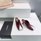 CC Fall 2026 Square Toe High-Heeled Sandals 7cm Burgundy White Sheepskin