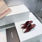 CC Fall 2026 Square Toe High-Heeled Sandals 7cm Burgundy White Sheepskin