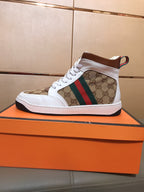 GG Men's High-top Sneakers Brown White Printed Fabric Cowhide 525321