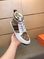 GG Men's High-top Sneakers Brown White Printed Fabric Cowhide 525321