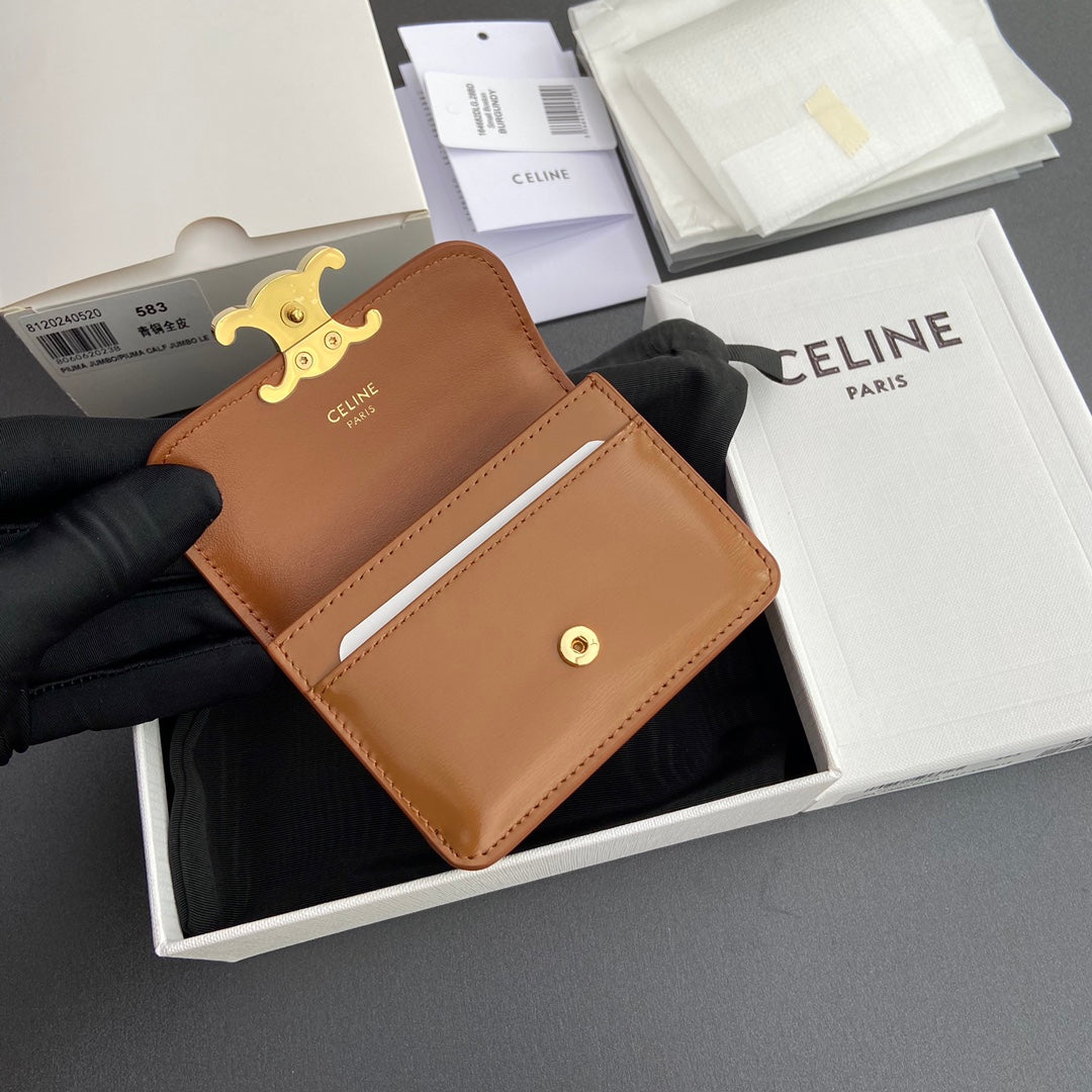 TRIOMPHE 10i583 Flap Card Holder Tan Shiny Cowhide