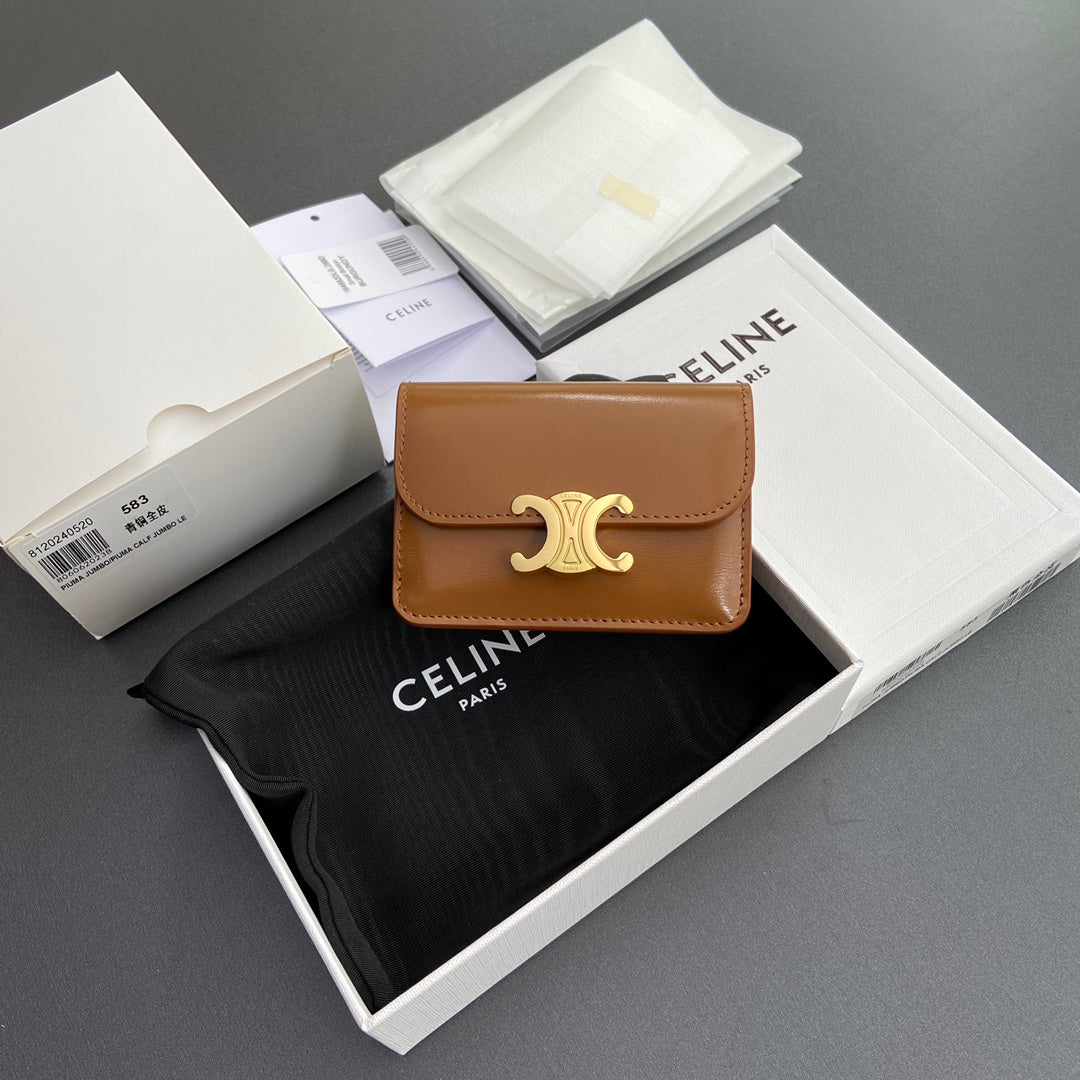 TRIOMPHE 10i583 Flap Card Holder Tan Shiny Cowhide