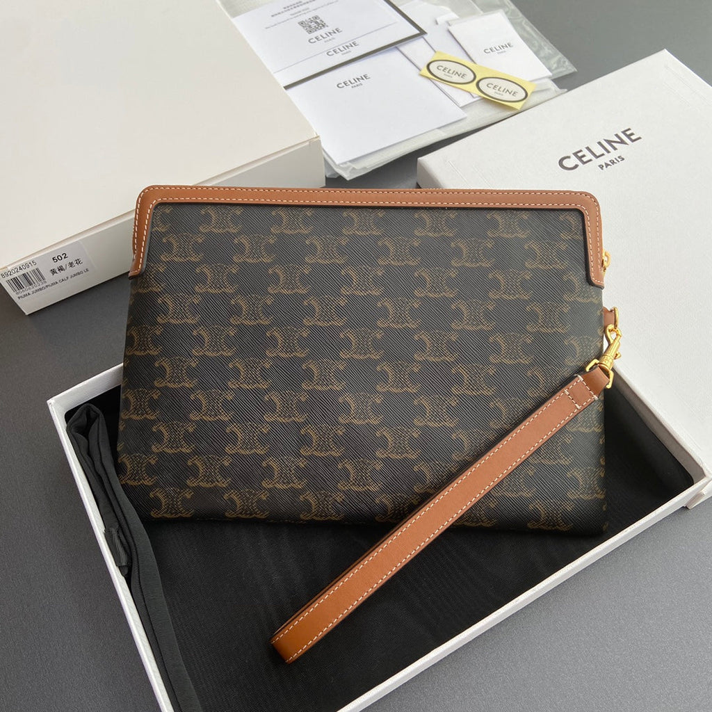 TRIOMPHE Celine Print Small Pouch Tan Cowhide&Canvas