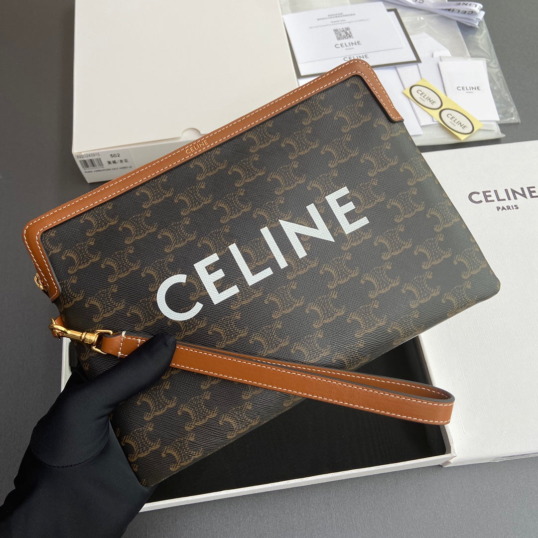 TRIOMPHE Celine Print Small Pouch Tan Cowhide&Canvas