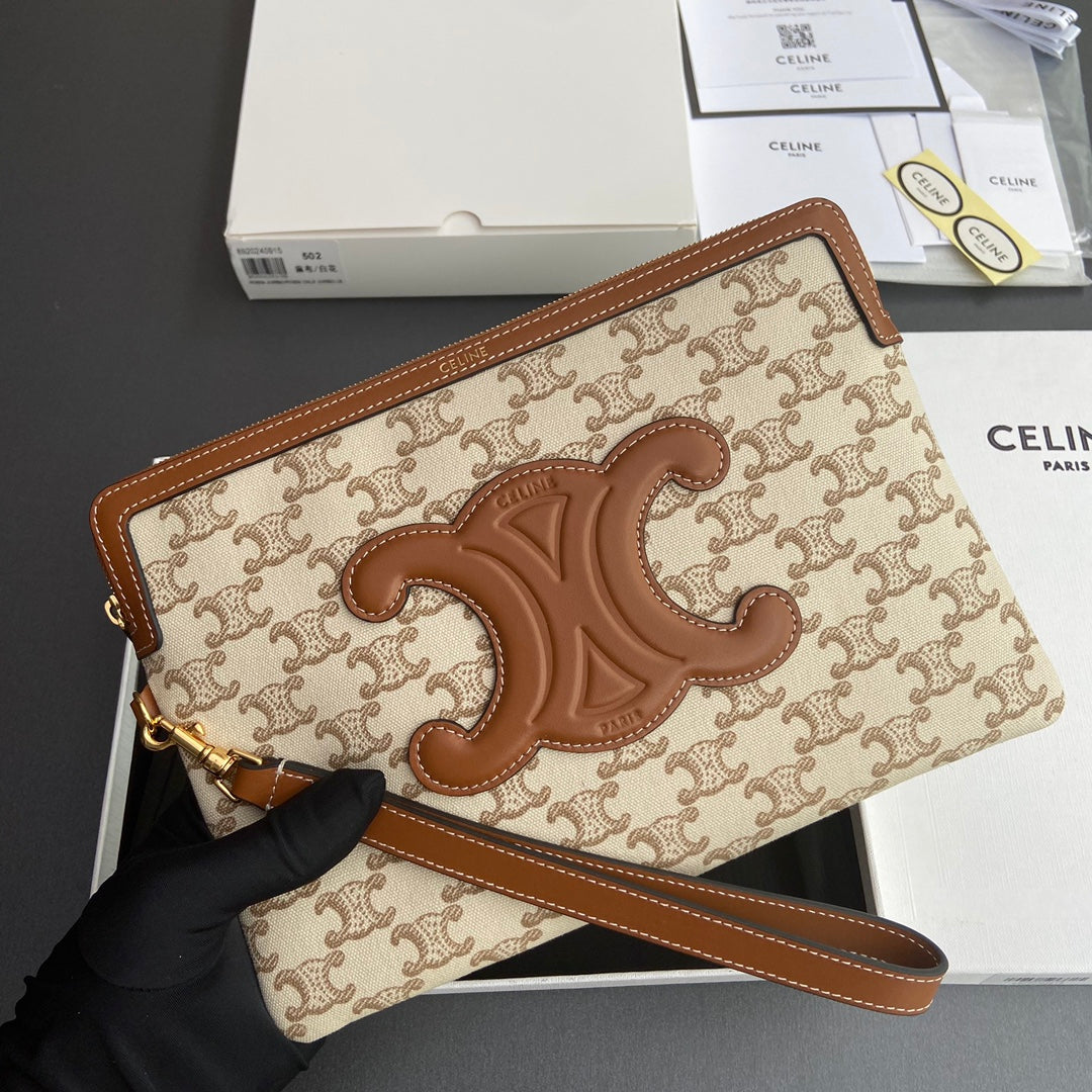 TRIOMPHE PRINT Small Pouch Tan Beige Cowhide