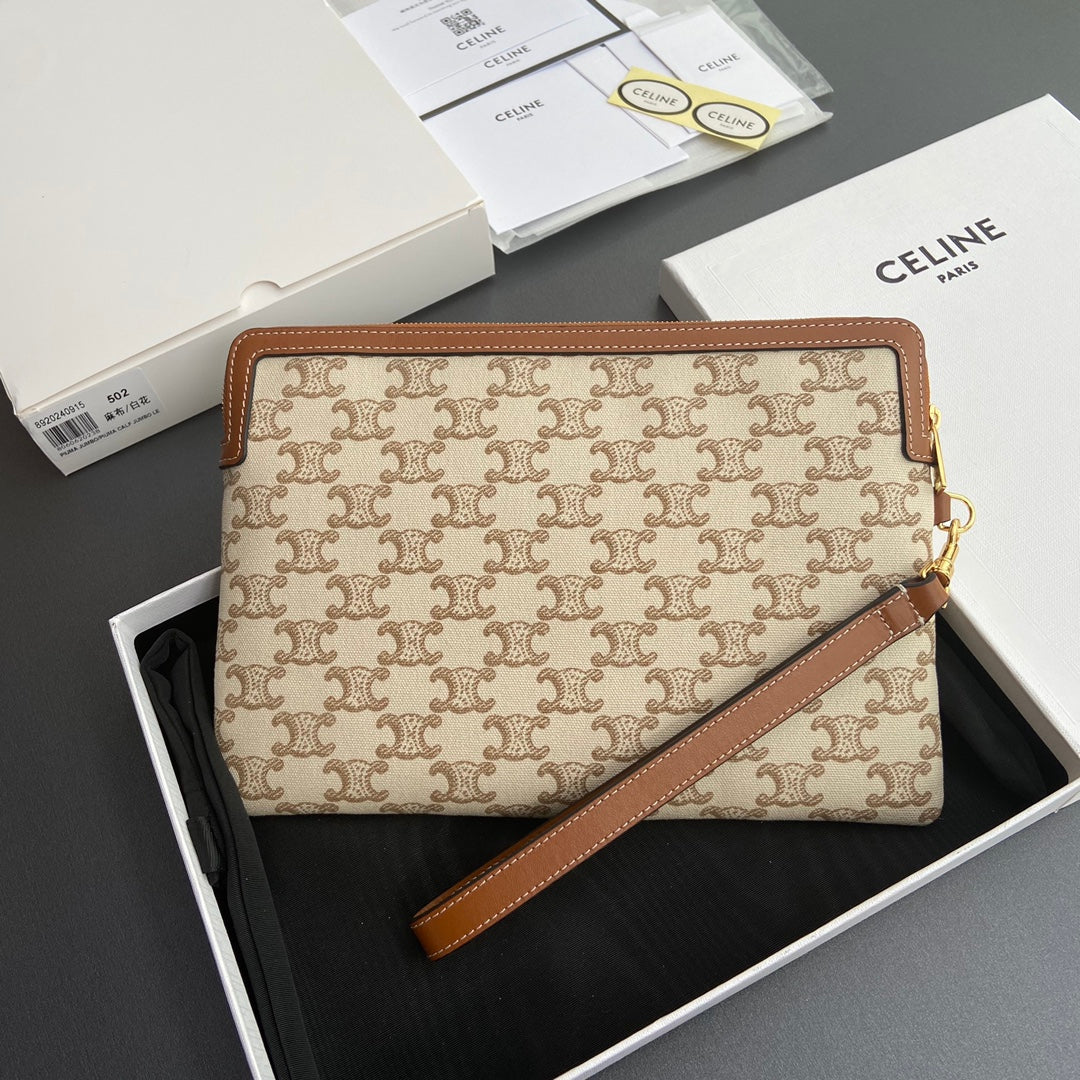 TRIOMPHE PRINT Small Pouch Tan Beige Cowhide