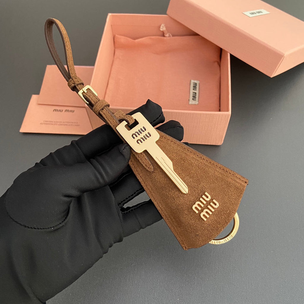 Leather Bag Charm With Key Brown Suede 240339
