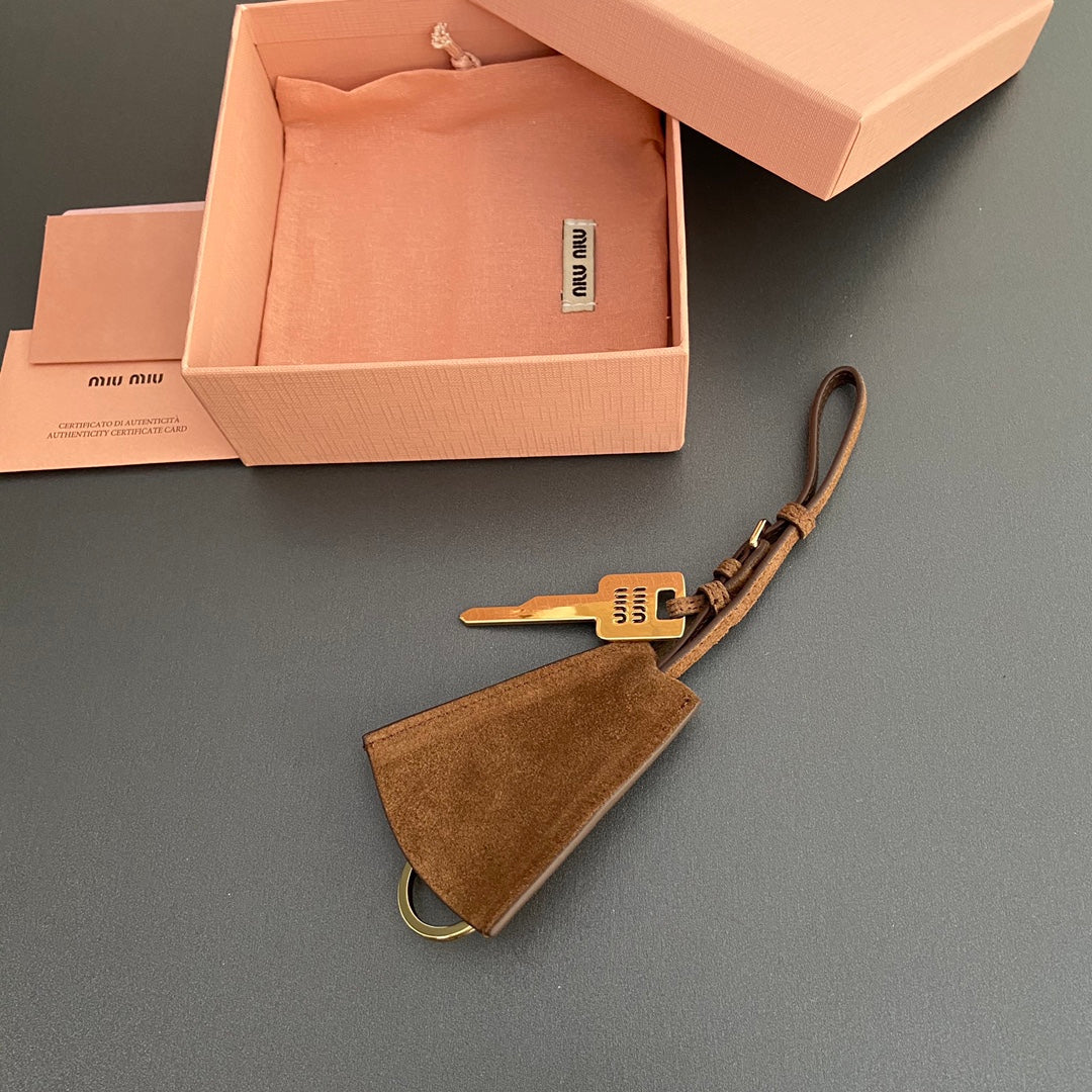 Leather Bag Charm With Key Brown Suede 240339
