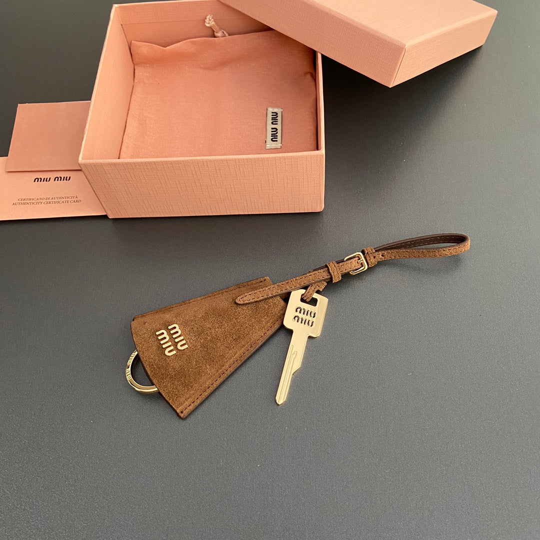 Leather Bag Charm With Key Brown Suede 240339