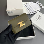 TRIOMPHE 10i583 Flap Card Holder Olive Green Shiny Cowhide