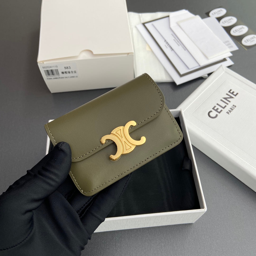 TRIOMPHE 10i583 Flap Card Holder Olive Green Shiny Cowhide