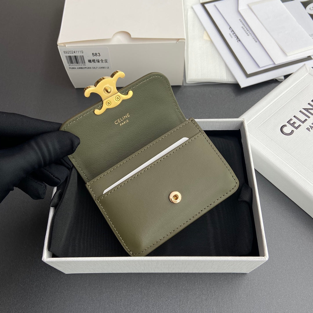 TRIOMPHE 10i583 Flap Card Holder Olive Green Shiny Cowhide