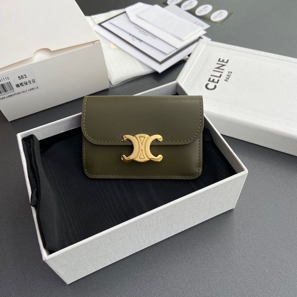 TRIOMPHE 10i583 Flap Card Holder Olive Green Shiny Cowhide