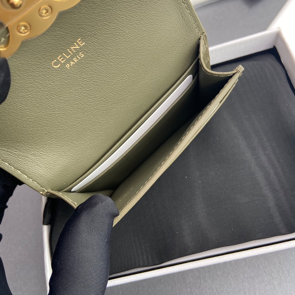 TRIOMPHE 10i583 Flap Card Holder Olive Green Shiny Cowhide