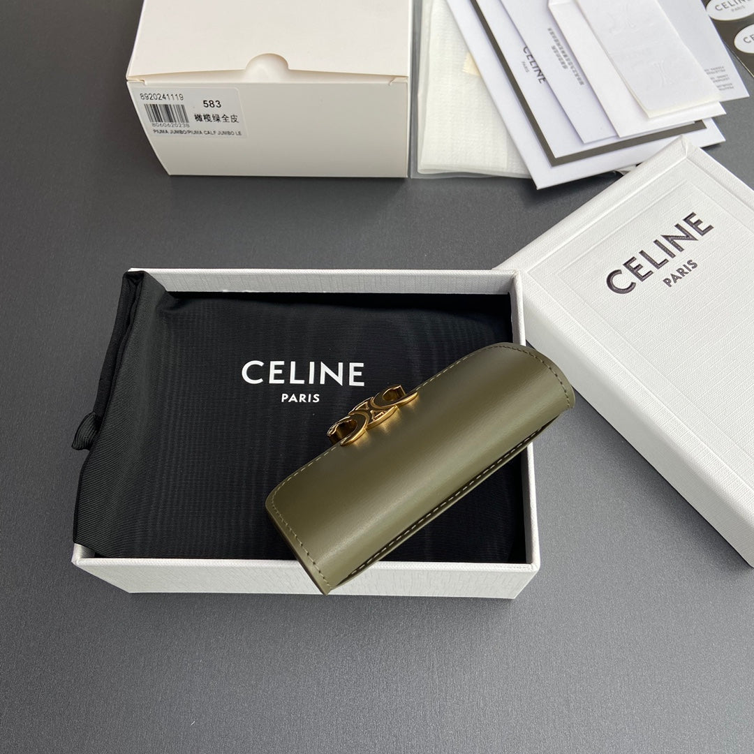 TRIOMPHE 10i583 Flap Card Holder Olive Green Shiny Cowhide