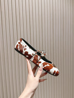PRA 25s Ballet Flats with Small Buckle Brown White Cow Printed Calf-hair 449702
