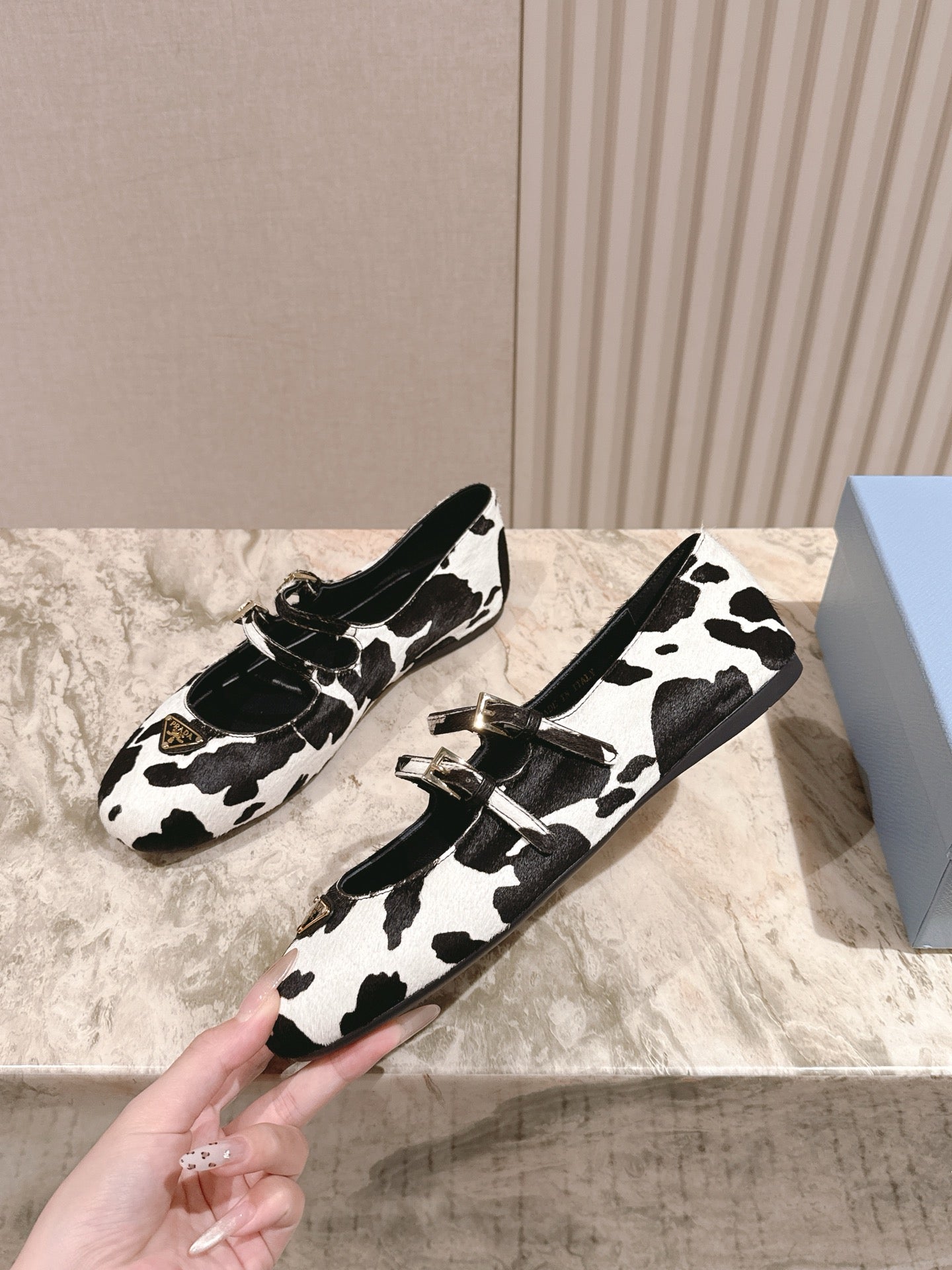 PRA 25s Ballet Flats with Small Buckle Black White Cow Printed Calf-hair 449703